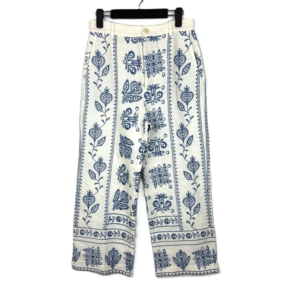 Zara Linen Embroidered Culottes Wide Leg Ankle Pants Ecru Cream Blue XS